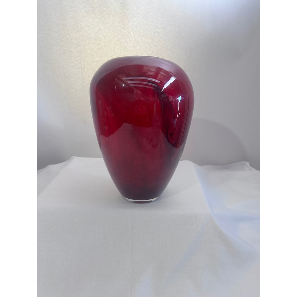 Red Art Glass Bulbus Vase Black Swirls Pontil Finish Tall Wide